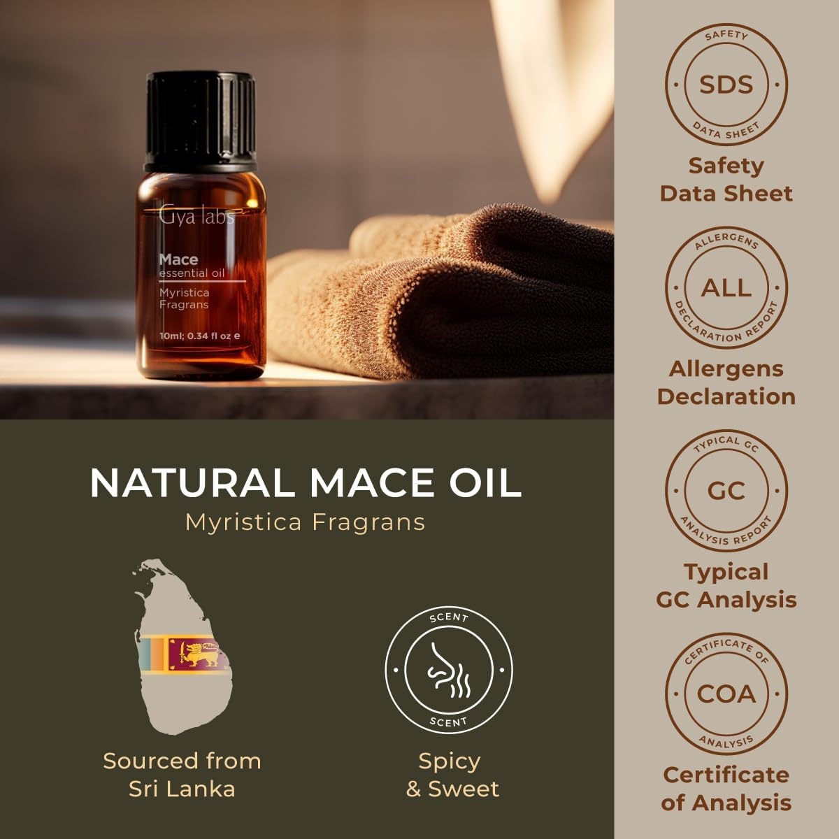 image:imageGya Labs Mace Essential Oil for Skin 034 Fl Oz 100 Natural Mace Oil for Hair Diffuser Massage Candle Making amp DIY Sweet amp Spicy Scent